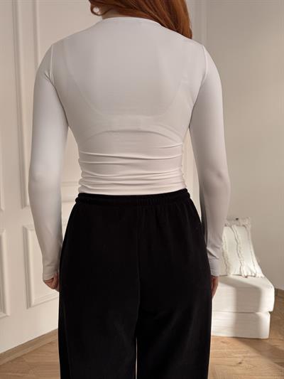 Bisiklet Yaka Basic Bluz Ekru