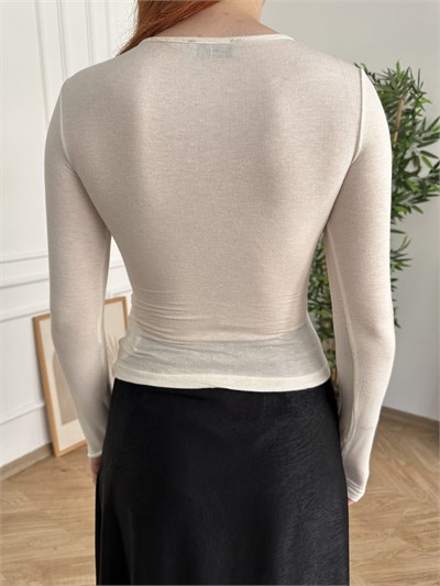 Bisiklet Yaka Basic Hırka Ekru