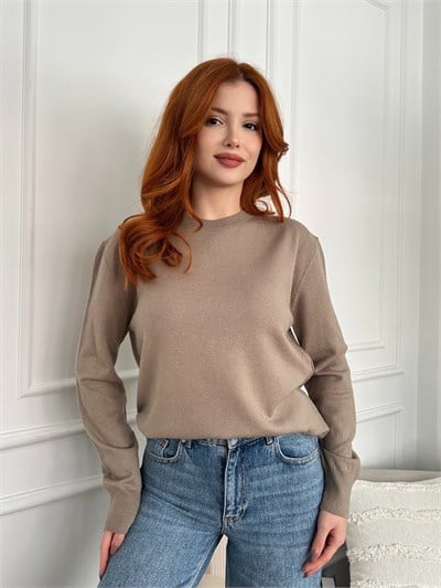 Bisiklet Yaka Basic Triko Koyu vizon melanj