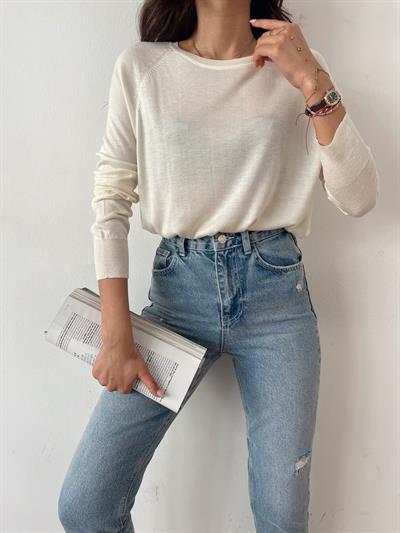 Bisiklet Yaka Basic Triko Krem