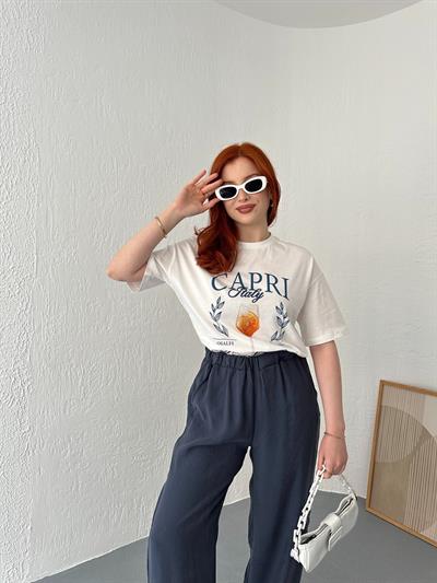 Bisiklet Yaka Baskılı Tişört Ekru