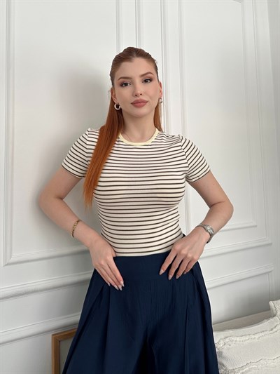 Bisiklet Yaka Çizgili Kısa Kol Badi Sarı_kahve