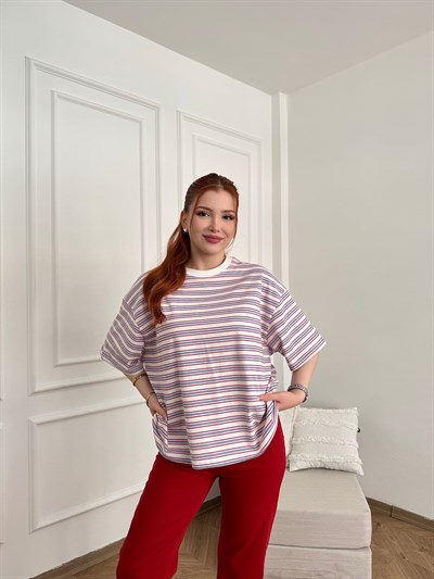 Bisiklet Yaka Çizgili Oversize T-shirt Ekru-kırmızı