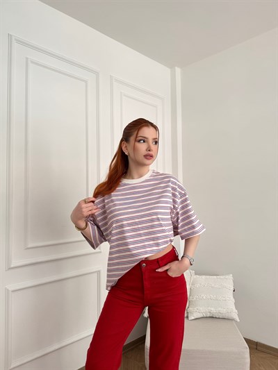 Bisiklet Yaka Çizgili Oversize T-shirt Ekru-kırmızı