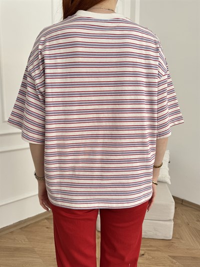 Bisiklet Yaka Çizgili Oversize T-shirt Ekru-kırmızı
