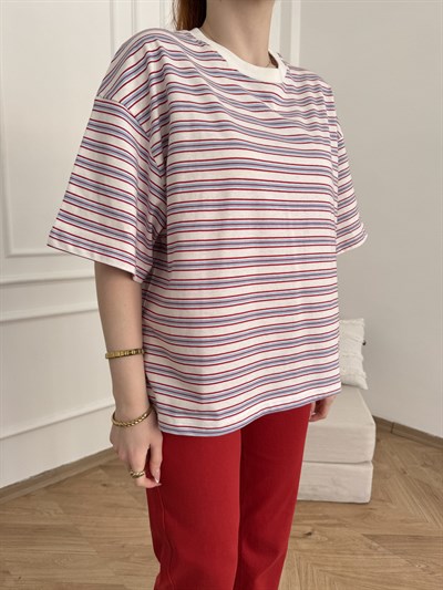 Bisiklet Yaka Çizgili Oversize T-shirt Ekru-kırmızı