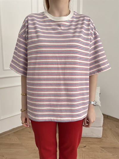 Bisiklet Yaka Çizgili Oversize T-shirt Ekru-kırmızı