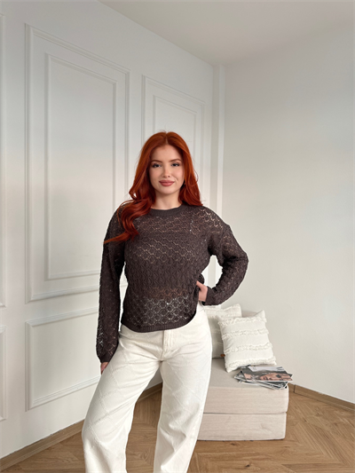Bisiklet Yaka Ajurlu Triko Acı kahve