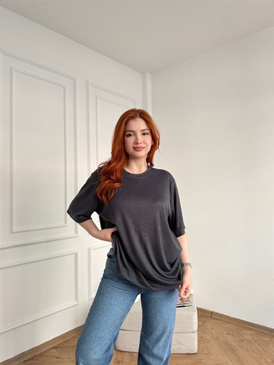 Bisiklet Yaka Fitilli Kısa Kol Tişört Antrasit
