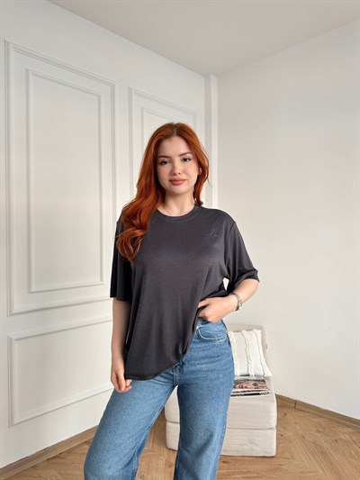 Bisiklet Yaka Fitilli Kısa Kol Tişört Antrasit