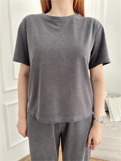 Bisiklet Yaka Kısa T-shirt Antrasit