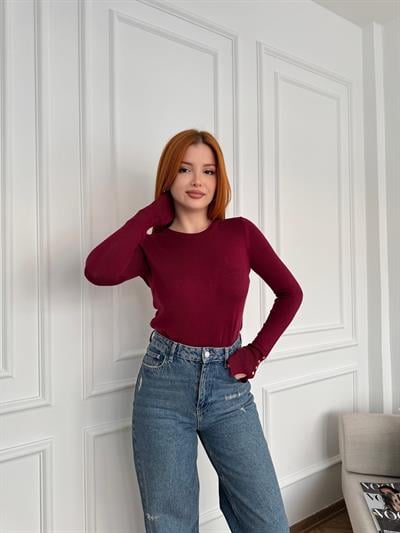 Bisiklet Yaka Kolu Droplu Triko Bordo