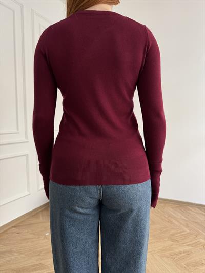 Bisiklet Yaka Kolu Droplu Triko Bordo
