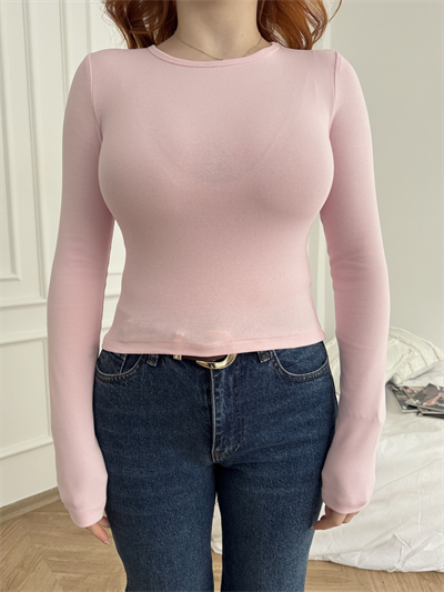 Bisiklet Yaka Uzun Kollu Bluz Şeker pembe