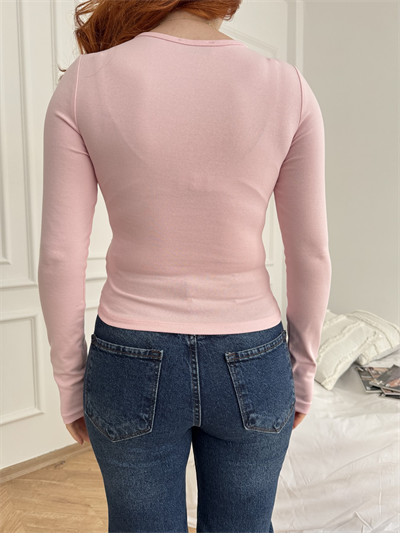 Bisiklet Yaka Uzun Kollu Bluz Şeker pembe