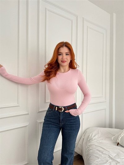 Bisiklet Yaka Uzun Kollu Bluz Şeker pembe