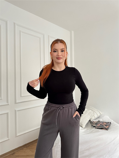 Bisiklet Yaka Uzun Kollu Bluz Siyah
