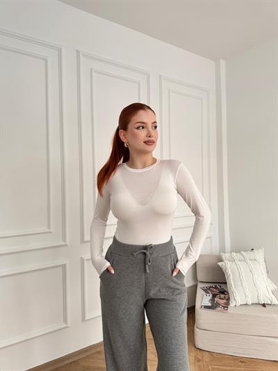 Bisiklet Yaka Uzun Kollu Body Beyaz