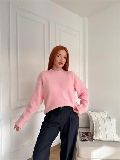 Bisiklet Yaka Yumoş Şardonlu Kazak Pembe