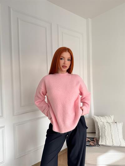 Bisiklet Yaka Yumoş Şardonlu Kazak Pembe