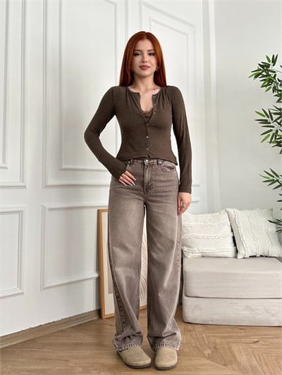 Bol Kesim Jean Pantolon Açık kahve