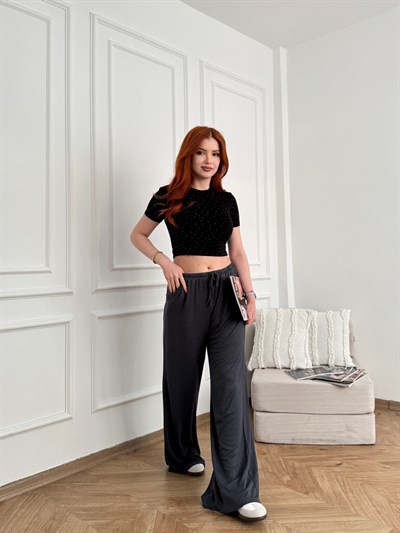 Bol Kesim Kendinden Çizgili Beli İpli Pantolon Antrasit
