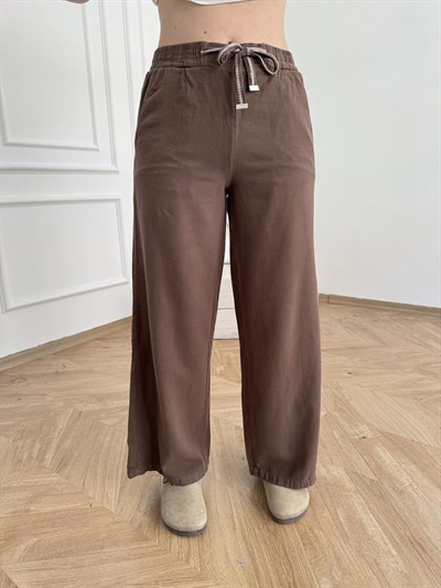 Bol Paça Keten Görünümlü Pantolon Açık kahve