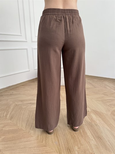 Bol Paça Keten Görünümlü Pantolon Açık kahve