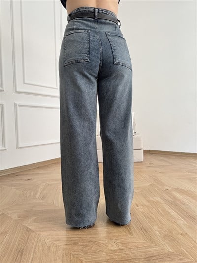 Bol Paça Lazer Kesim Kemerli Pantolon Mavi