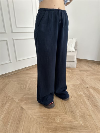 Bol Paça Müslin Kumaş Relax Pantolon Lacivert