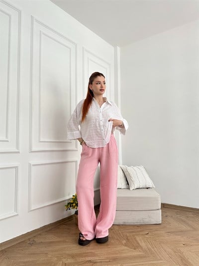 Bol Paça Müslin Kumaş Relax Pantolon Pembe