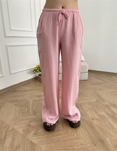 Bol Paça Müslin Kumaş Relax Pantolon Pembe