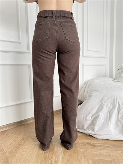Bol Paça Renkli Denim Pantolon Kahve