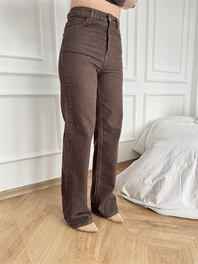 Bol Paça Renkli Denim Pantolon Kahve