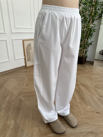 Bol Paça Tensel Beli Lastikli Pantolon Beyaz