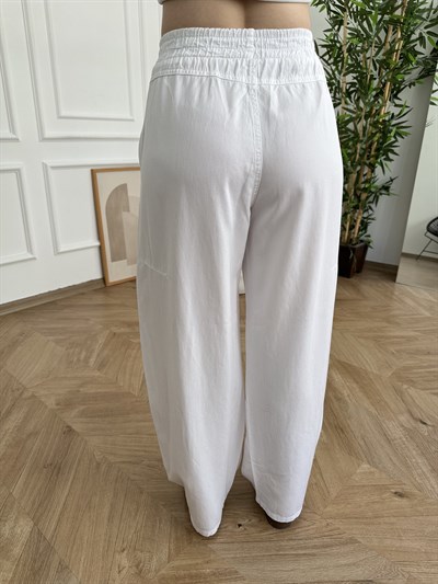 Bol Paça Tensel Beli Lastikli Pantolon Beyaz