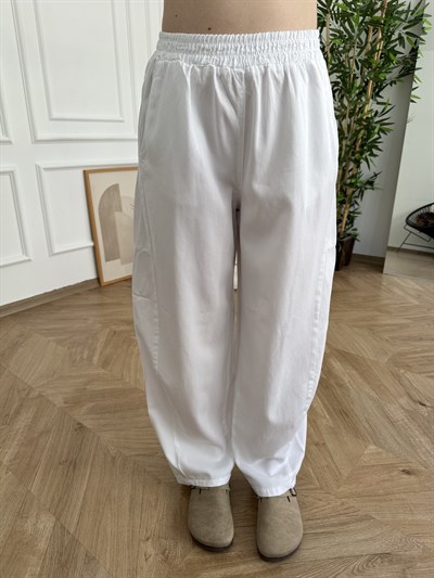 Bol Paça Tensel Beli Lastikli Pantolon Beyaz