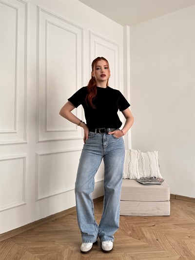 Boru Paça Kemerli Jean Açık mavi