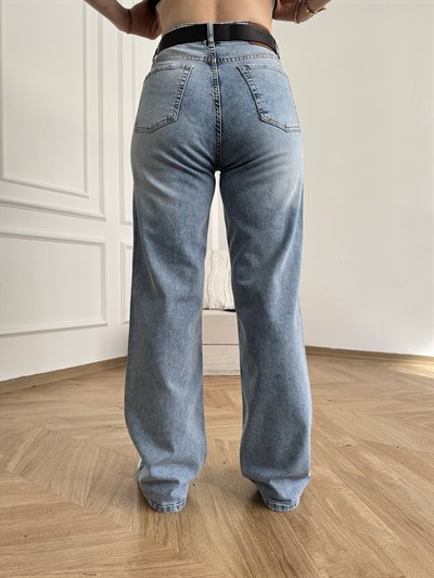 Boru Paça Kemerli Jean Açık mavi