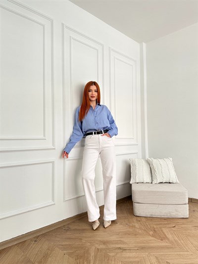 Boru Paça Kemerli Jean Beyaz