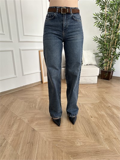 Boru Paça Kemerli Jean Koyu mavi