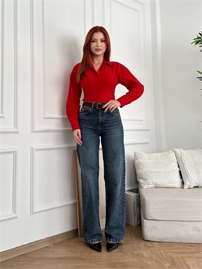 Boru Paça Kemerli Jean Koyu mavi