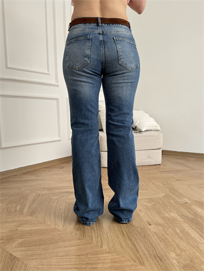 Boru Paça Kemerli Jean Pantolon Mavi