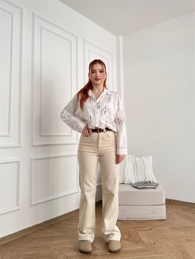 Boru Paça Kemerli Pantolon Bej