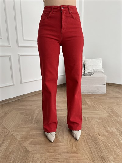 Boru Paça Kemerli Pantolon Kırmızı