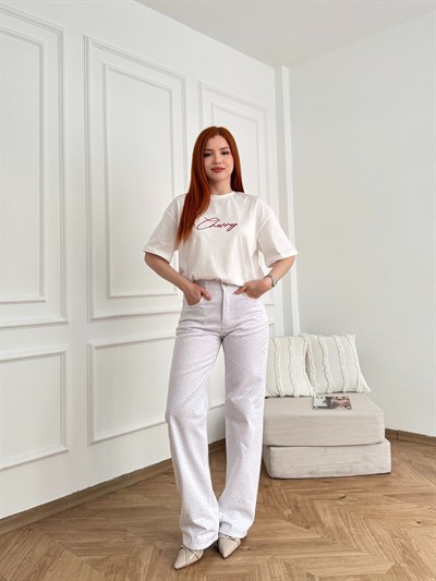 Boru Paça Önü Taşlı Jean Beyaz