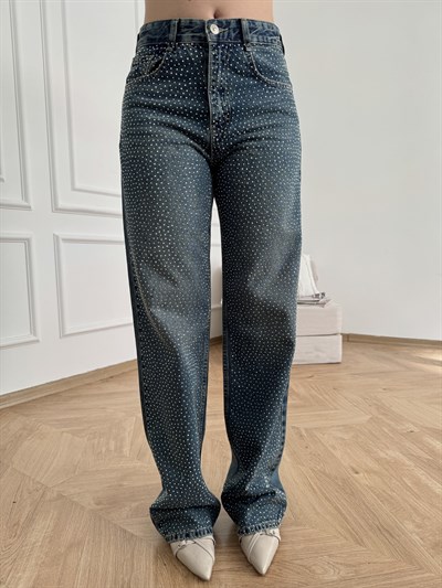 Boru Paça Önü Taşlı Jean Yeşil tint