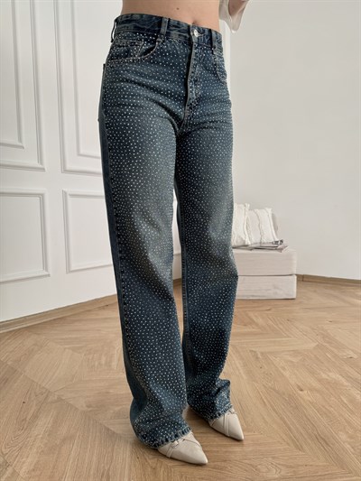 Boru Paça Önü Taşlı Jean Yeşil tint
