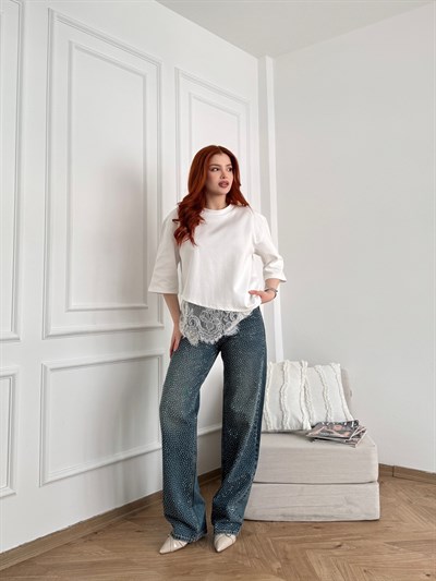 Boru Paça Önü Taşlı Jean Yeşil tint