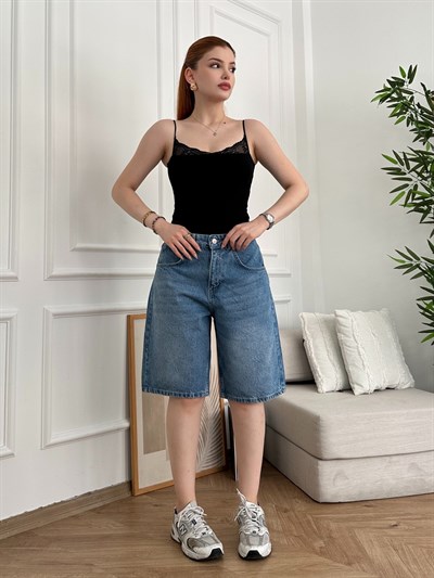 Boy Friend Fit Kot Şort Mavi